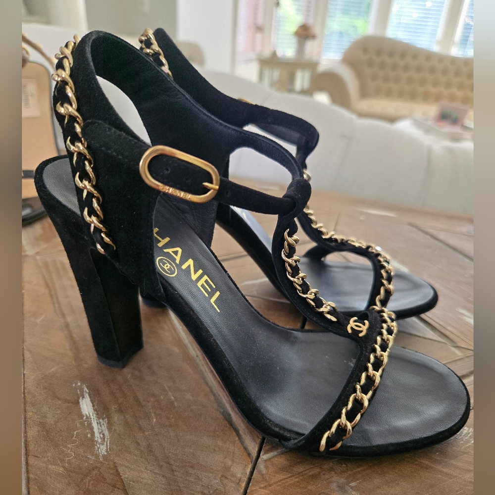 Chanel Black and Gold Chain Sandals